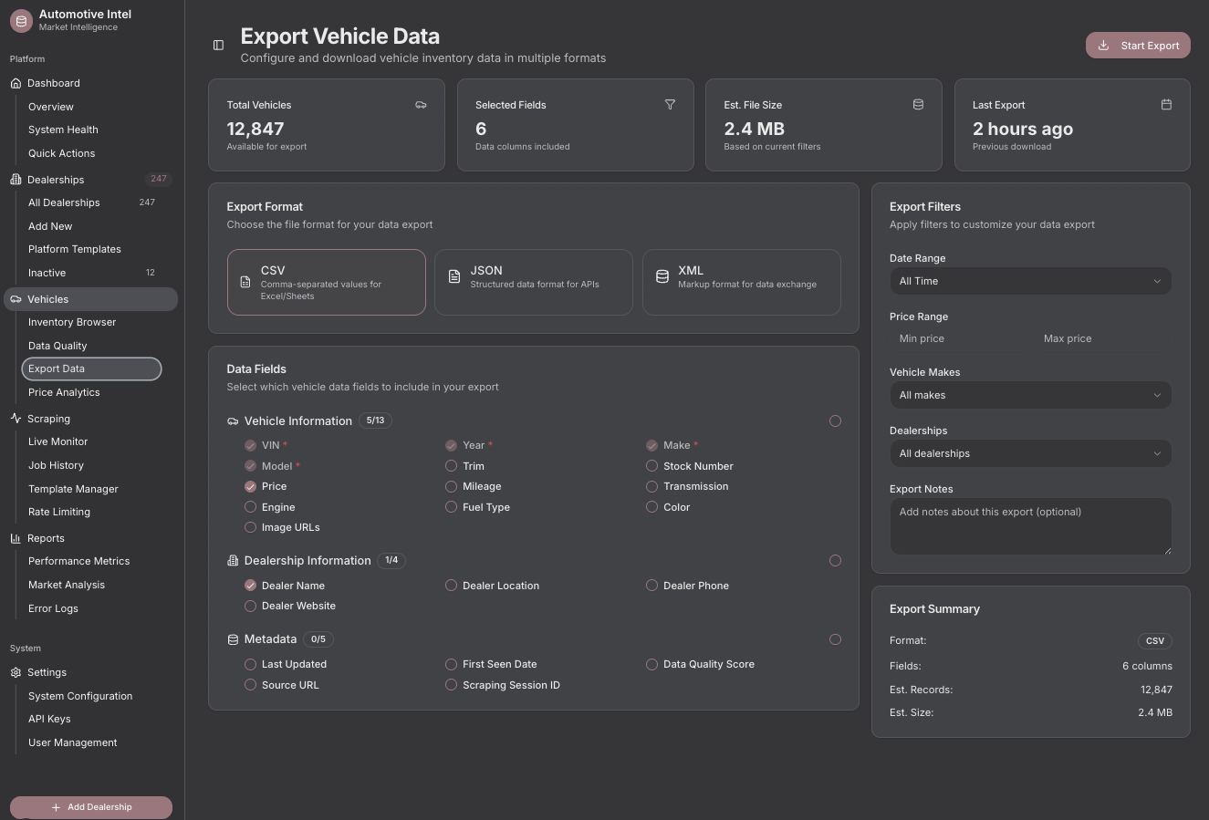 Export vehicle data