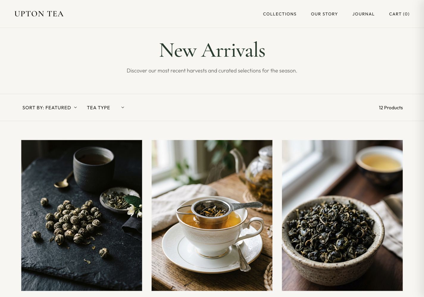 Upton Tea collection page showing product cards and filters