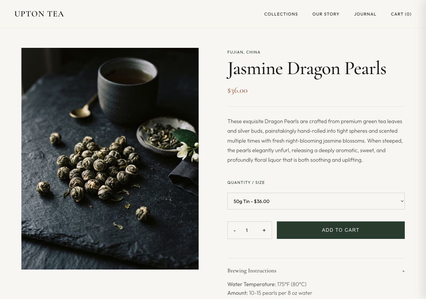 Upton Tea product detail page with tea description and purchase controls